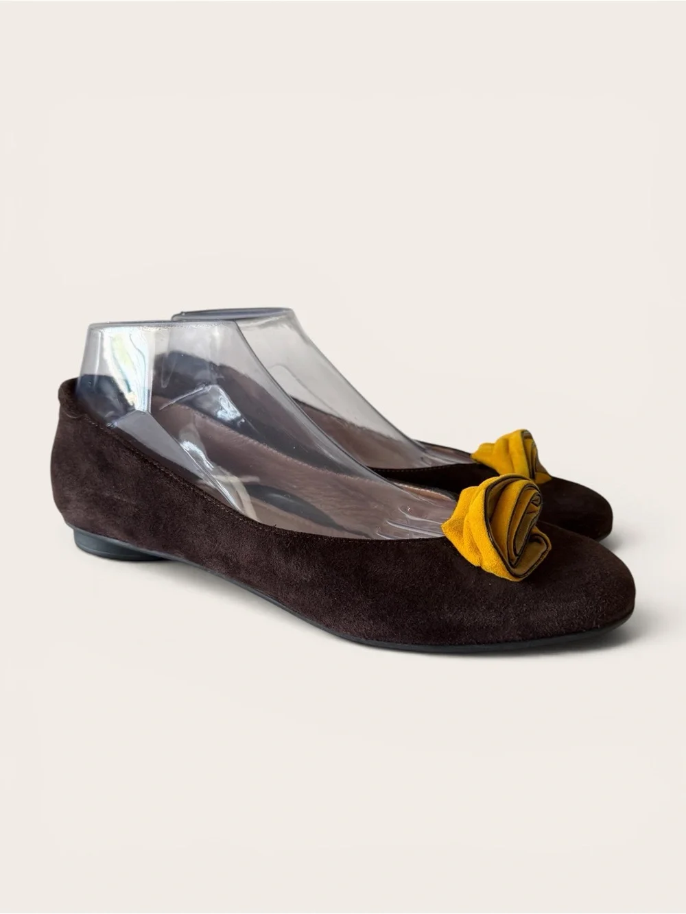 BeautiFeel Dark Brown Suede Flats with Yellow Rosette Accent